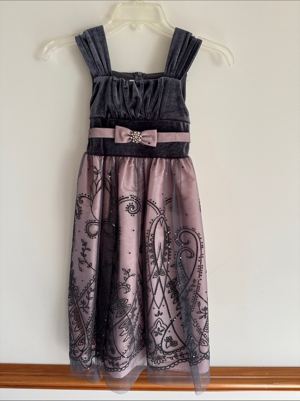 Bonnie Jean Charcoal Velvet and Dusty Rose Dress with Bow Girls Size 8